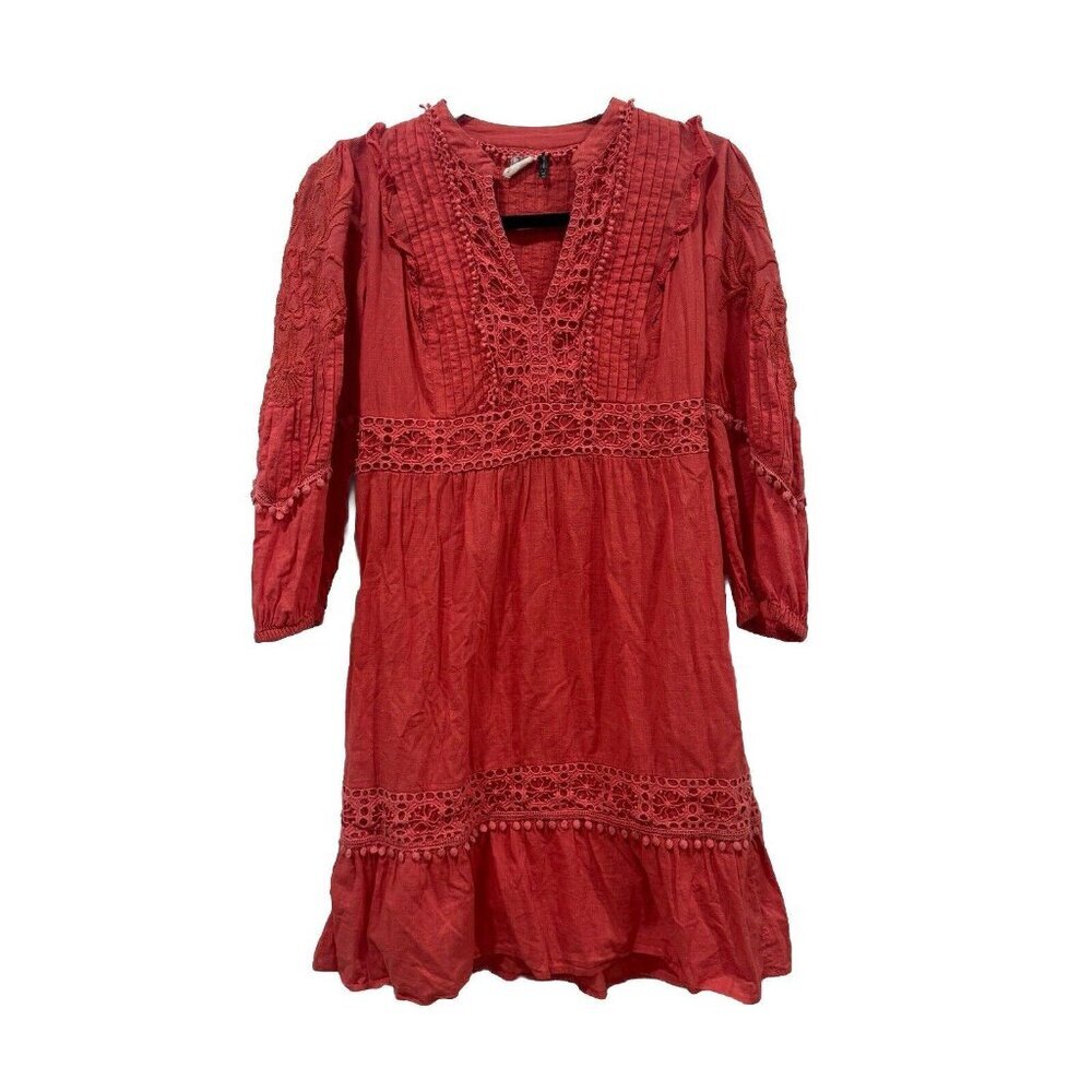 ANTHROPOLOGIE AKEMI + KIN CORAL DRESS EYELET POM POM WOMEN SIZE XS BOHO FESTIVAL